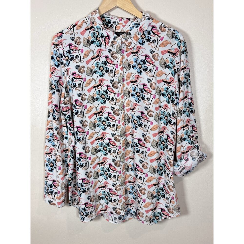 Talbots Womens Button Up Shirt Blouse Birds Rayon Lightweight Coastal Whimsy XL